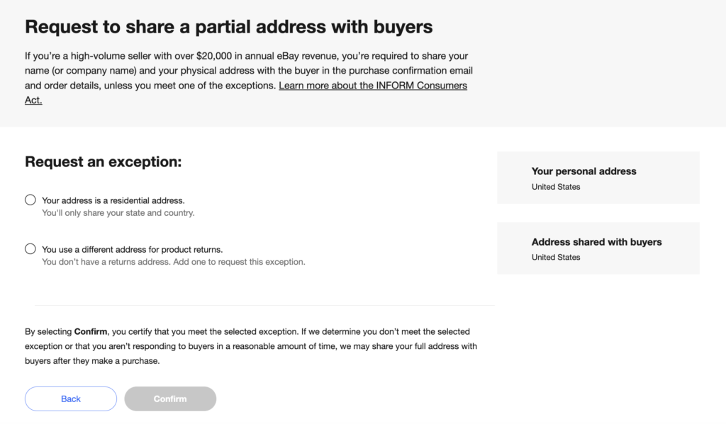 eBay INFORM Act demande une exception