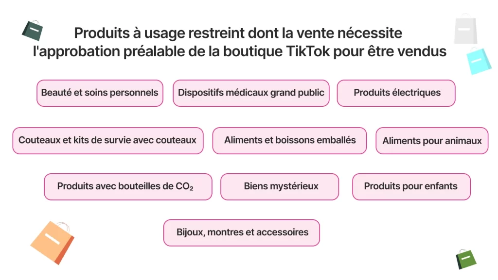 Produits à usage restreint dont la vente nécessite 
l'approbation préalable de la boutique TikTok pour être vendus