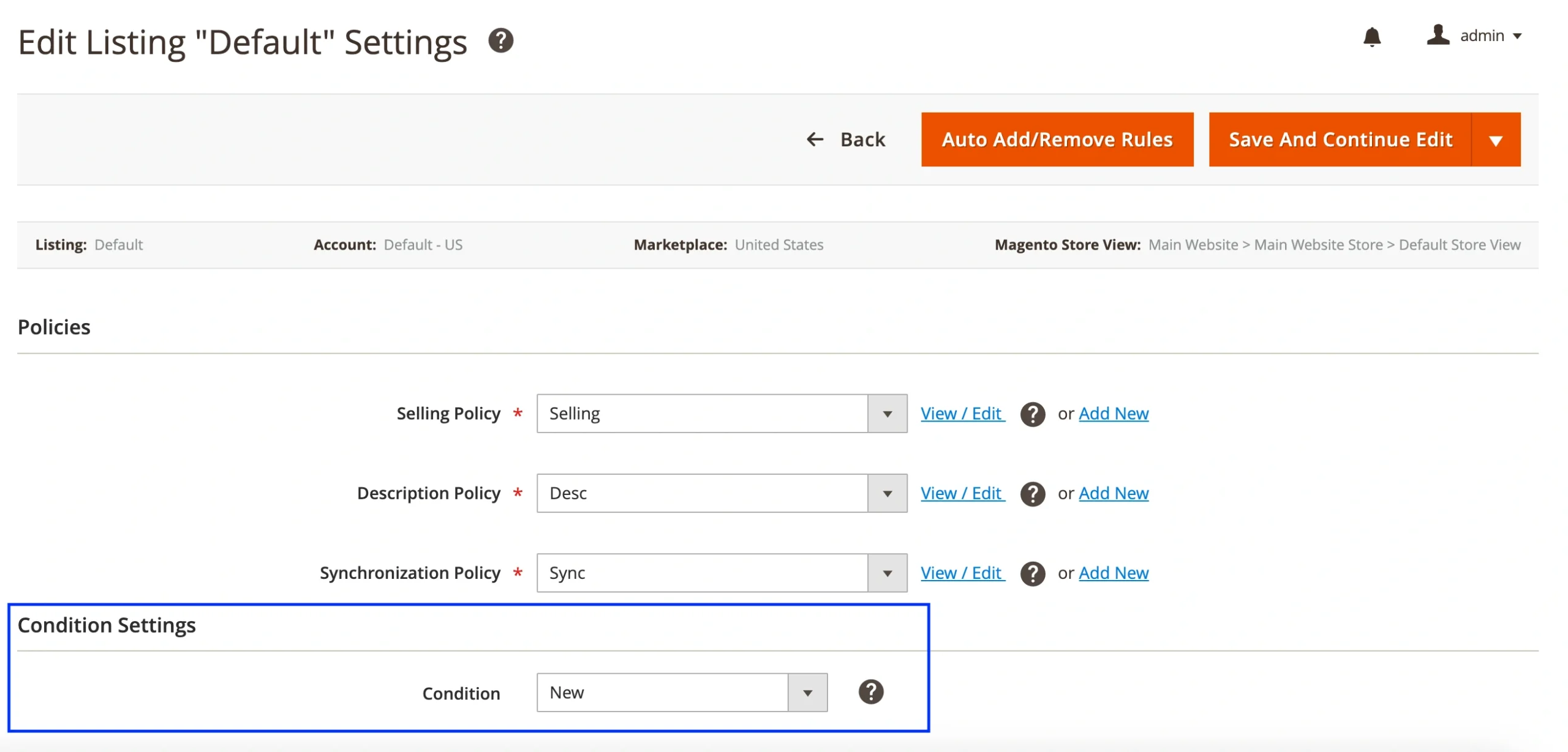 M2E Pro Walmart Modifica le impostazioni delle condizioni dell'inserzione