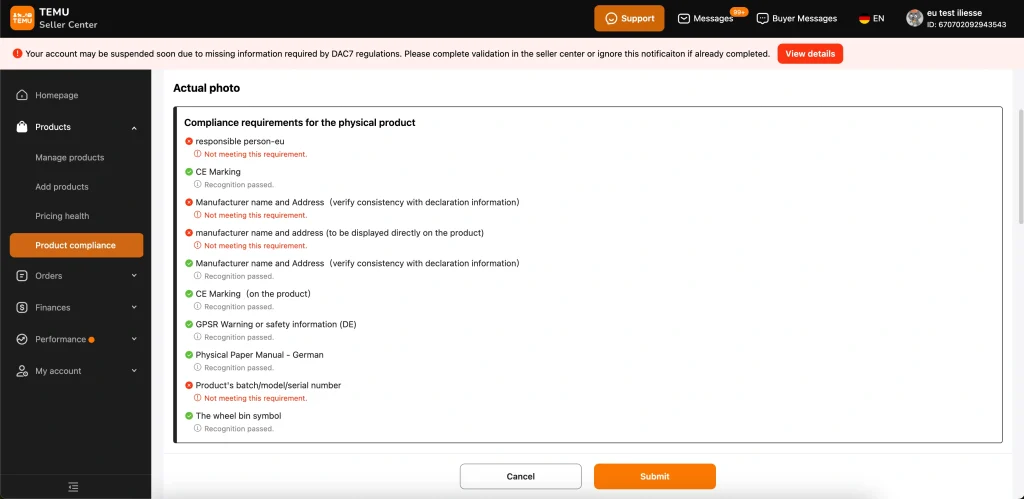 Selezionare la conformità del prodotto
